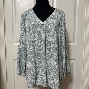 St. John's Bay Floral V-Neck Blouse - Sage and White